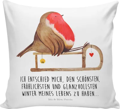 Produktbild von Mr. & Mrs. Panda Kissen 40x40 Rotkehlchen Schlitten - Weiß - Geschenk, Deko, Kleines, Vogel, Polster, Weihnachten, couch, Nikolaus, Sofa