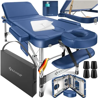 Produktbild von KESSER® Mobile Massageliege klappbar & höhenverstellbar 3 Zonen Massagebett Massagetisch Therapieliege Aluminium + 10x Gesichtsauflage mit Kopfstütze, 61 cm, Navyblau