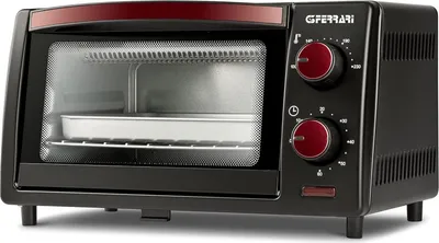 A black G3 Ferrari electric oven with red knobs and trim, shown from a 3/4 front view.