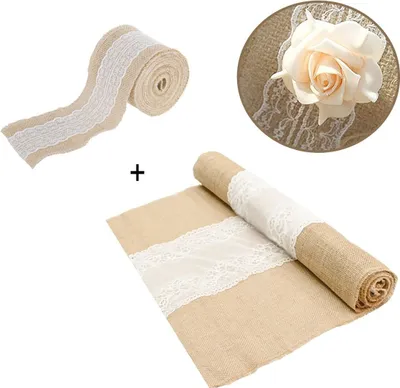 Deko-Set Tischläufer 3m x 60 cm und Band 5m x 8 cm Jute mit Spitze Hochzeit Weihanchten Bastel-Zubehör