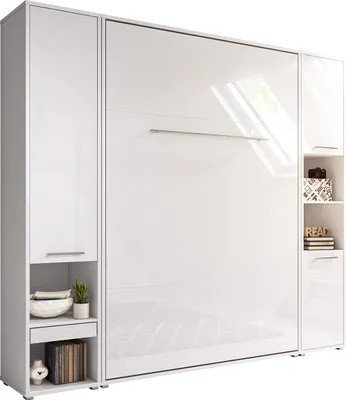 Produktbild von MIRJAN24 Schlafzimmer-Set Concept Pro Vertical, Wandklappbett und 2 Regale, mit Lattenrost (Weiß Matt / Weiß Hochglanz, CP-01 (140x200))