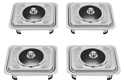 Produktbild von 4er Set Edelstahlbehälter, Warmhaltebehälter mit Deckel für Buffets, Stapelbare Servierplatten, Chafing Dish für Feiern und Catering