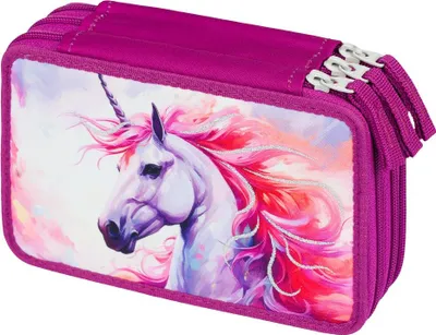 A close-up, studio shot of a purple pencil case with a unicorn design.