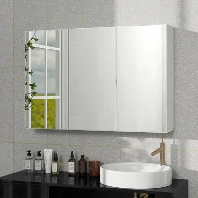 Produktbild von Badezimmerspiegelschrank, Badschrank mit 3 Spiegeltüren, Wandmontage, 90 x 15,5 x 60 cm, Spanplatte, Weiß