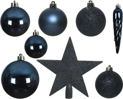 Produktbild von Weihnachtskugeln mit Christbaumstern Kunststoff 33er Set - Nachtblau