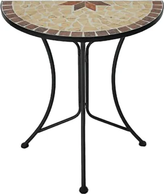A half-round mosaic table with a star pattern on the tabletop and black metal legs, presented on a white background.