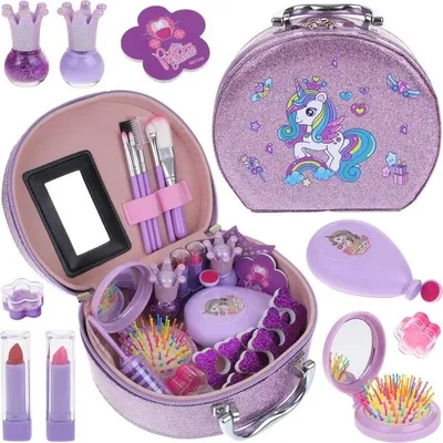 A children's makeup and nail styling set displayed in an open cosmetic box.