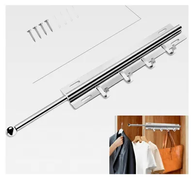 Produktbild von Ausziehbare Kleiderstange für den Schrank mit 4 Haken, verstellbarer Kleiderbügel für Kleiderschränke, platzsparende Teleskop-Kleiderstange zum Herausziehen (Links)