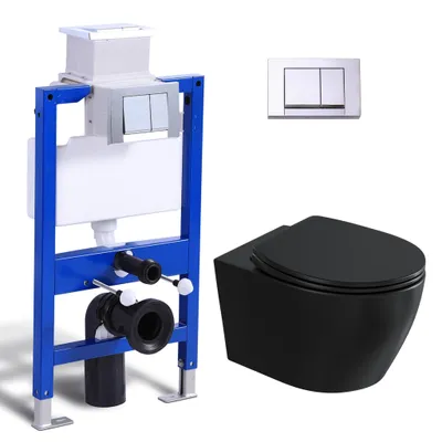 Produktbild von Komplett Vorwandelement Toilette Set - 82cm Unterputzspülkasten + Hänge WC schwarz Wand Toilette + Rechteckig Chrome Drückplatte HOROW