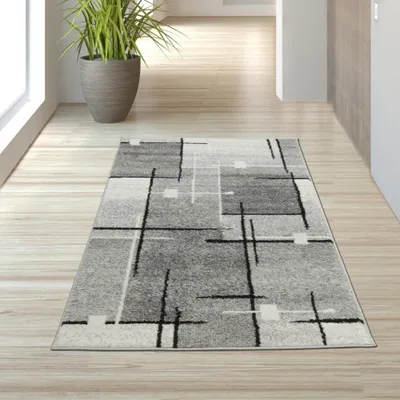 Image de Tapis moderne à motifs abstraits de carrés noirs et gris - Dimensions : 80 x 140 cm