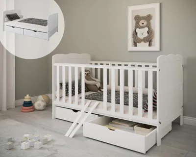 Produktbild von ZEE Babybett 140x70 ISABEL 2in1 Weiß mit 2 Schubladen Kinderbett umbaubar Juniorbett höhenverstellbar Holz
