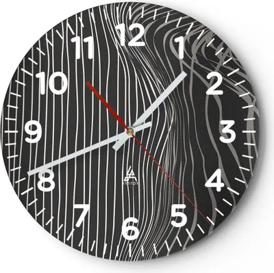 Produktbild von Wanduhr - Rund - Glasuhr - Abstraktion Streifen Schwarz und Weiß - 30x30cm - Schleichendes Uhrwerk - Lautlos - zum Aufhängen bereit - Dekoration Modern - Wanddekoration aus Glas - C4AR30x30-4152