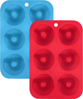 Produktbild von Famanu Silikon Donut Backformen - 6 Antihaft Formen in Blau und Rot