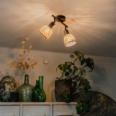 Produktbild von QAZQA - Orientalisch Orientalischer Spot I Spotlight I Deckenspot I Deckenstrahler I Strahler I Lampe I Leuchte schwarz mit Bambus 2-flammig-flammig - Rayan I Wohnzimmer I Schlafzimmer - Bamboo Längli