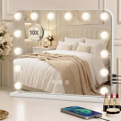 Obrázek produktu pro LED zrcadlo – Kosmetické zrcadlo s 14 stmívatelnými lampami – 3 světelné režimy – Ovládání dotykem – USB – Port typu C – Vhodné na stůl nebo na zeď