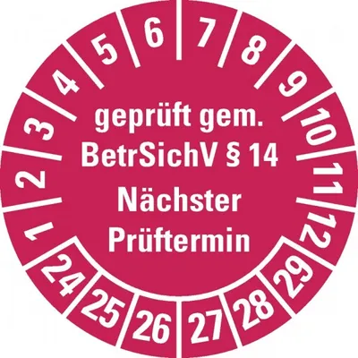 Produktbild von Dreifke® Aufkleber I Prüfplakette  gemäß BetrSichV §14, 24-29, rot, Do...