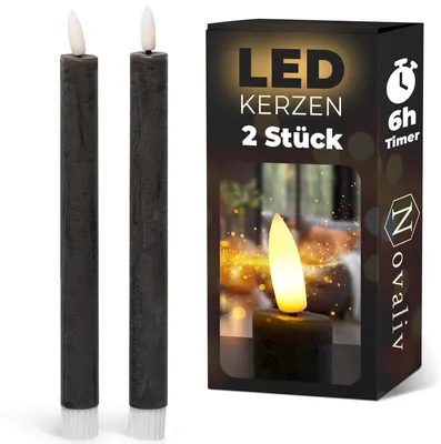 Produktbild von Stabkerzen LED mit Timer SCHWARZ 2er indoor mit Timer Funktion 6 Stunden ECHTWACHS 24cm Höhe für Kerzen 2,2cm Durchmesser 2 AAA Batterien notwendig LED Stabkerzen flackernde Flamme bewegliche Flamme