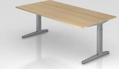 Produktbild von Schreibtisch Mika | Eiche | Silber Gestell | BxT 200x100cm | Arbeitshöhe 65-85cm | höhenjustierbar, 1cm Raster | C-Fuß-Gestell | Rechteckform