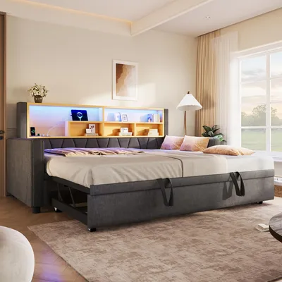 Immagine prodotto di Letto a giorno 90 x 200 cm con letto estraibile 90 x 190 cm, illuminazione LED con controllo tramite app, prese di ricarica USB e di tipo C, rivestimento in lino, colore grigio
