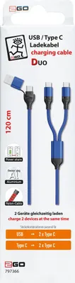 Produktbild von 2GO USB / Type C Ladekabel DUO 2x USB-C Nylon 1,2m  blau