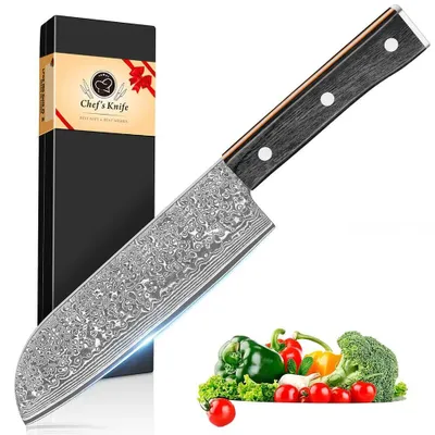 Obrázok produktu pre Santoku nôž, 18 cm – kuchársky nôž – oceľ VG10 s vrstvami damascénskej ocele – ostrý nôž na zeleninu – ergonomická rukoväť z nehrdzavejúcej oceli