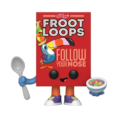 A Funko Pop! figure of the Kellogg's Froot Loops mascot, Toucan Sam, depicted as a cereal box with arms and legs, holding a spoon and a bowl of cereal.