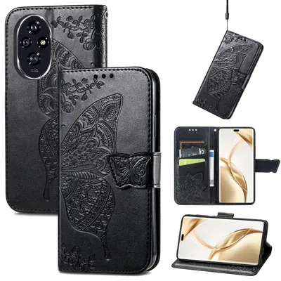 Obrázok produktu pre Puzdro na mobil Honor 200 Pro z umelej kože v tvare peňaženky s motýľovým vzorom, čierne
