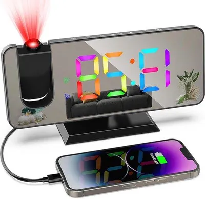 Obrázok produktu pre 74-palcový projektorový budík s veľkým LED displejom a USB nabíjačkou – digitálny budík do spálne s 5 stupňami stmievania, 12/24-hodinovým zobrazením a režimom spánku