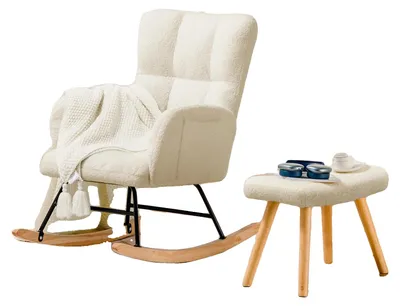Zdjęcie produktu dla Fotel bujany, ergonomiczna konstrukcja, pluszowa tkanina w stylu misia, beżowy z podstawą