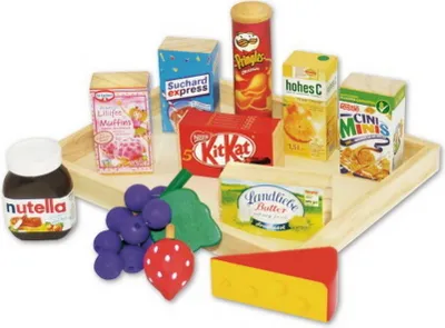 A wooden toy breakfast set arranged on a wooden tray.