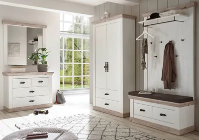 Produktbild von Garderobenkombination "Rovola" Pinie weiß / Oslo Pinie Landhaus Garderobe Set 5-tlg.