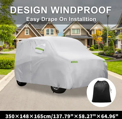 Produktbild von Wasserdichte Autoabdeckung Auto Outdoor Vollabdeckung für Suzuki Spacia mit winddichtem Seilhaken 350x148x165cm/137,80"x58,27"x64,96" Silberton