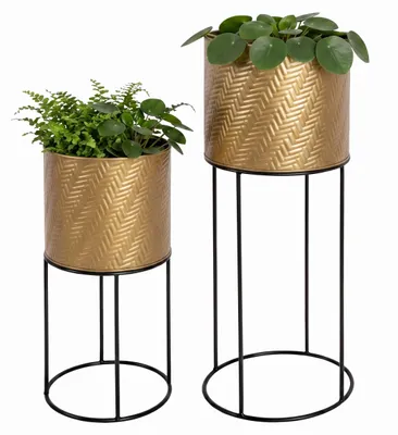 Zdjęcie produktu dla Relaxdays, zestaw 2 stojaków na kwiaty, metal, 2 rozmiary, konstrukcja do salonu i przedpokoju, okrągły stojak na doniczki, czarny/złoty