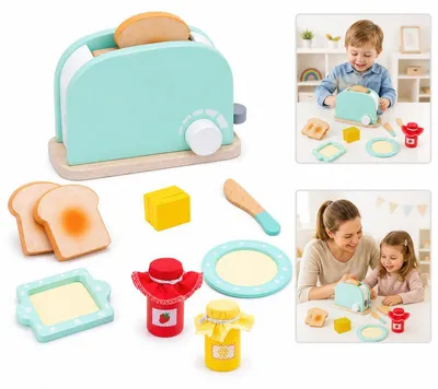 Produktbild von 11-teiliges Holz Spielküchen Zubehör Set, Toaster Spielzeug mit Spiellebensmitteln und Küchenutensilien, Rollenspiel Kochset für Kinder ab 3 Jahren