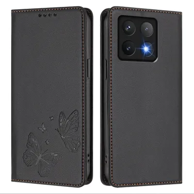 Produktbild von Lederhülle für Xiaomi 14T Pro, Schmetterling Prägung Leder Brieftasche Schutzhülle mit Ständer Schwarz