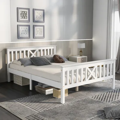 Obrázek produktu pro okwish Dětská postel 140 x 200 cm, manželská postel z masivního borovicového dřeva, postel pro malé děti, juniorská postel, s roštem, dřevěná postel s čelem, bílá