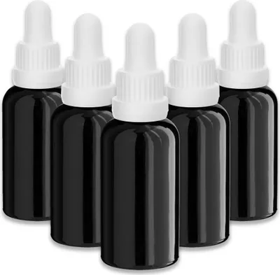 Produktbild von 5x Glasflasche schwarz 30 ml mit weißer Pipette Tropfflaschen leer Set