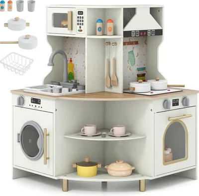 Immagine prodotto di COSTWAY Angolo cucina per bambini bifacciale con luci e suoni, cucina gioco con microonde, rubinetto e lavello funzionanti, cucina giocattolo a partire dai 3 anni di età