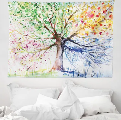Produktbild von ABAKUHAUS Aquarell Wandteppich, 4 Jahreszeiten Bunte aus Weiches Mikrofaser Stoff Waschbar ohne Verblassen Digitaldruck, 150 x 110 cm, Mehrfarbig