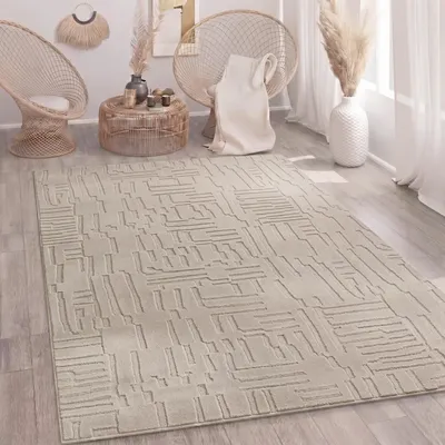 Produktbild von Teppich Wohnzimmer Hochflor Skandi Boho Geometrisch Abstrakt Uni Waschbar Beige Grösse 160x220 cm