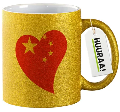 Produktbild von Huuraa Glitzertasse China Flagge Herz 330ml Gold Keramik Kaffeebecher Geschenkidee
