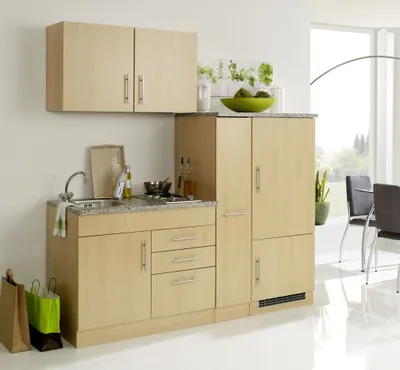 Produktbild von Singleküche Toronto 190 cm Buche Nachbildung mit Apothekerschrank Kühlschrank Kochmulde und Einbauspüle in Edelstahl