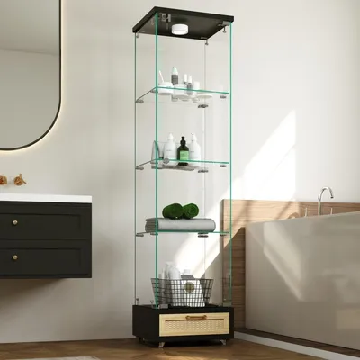 Obrázek produktu pro Skleněná vitrína černá 108x93x424 cm se 4 policemi, 13barevným LED osvětlením, uzamykatelnými přihrádkami a kolečky, prachotěsná