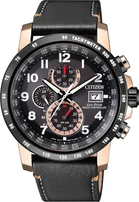 A close-up studio shot of a Citizen chronograph men's watch with a black leather strap and a rose gold-toned case.