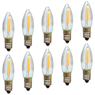 Produktbild von Erzgebirgslicht - AUSWAHL - 10 Stück LED Filament Topkerze 12 V 0,2 W für AUSSEN, für 20 Brennstellen E10 Riffelkerze Ersatzbirne Glühbirne Glühlämpchen für Lichterketten Pyramide Schwibbogen