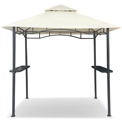 A cream-colored gazebo with a gray metal frame, shown against a white background.