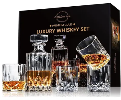 Obrázek produktu pro Sada na whisky, skládající se z karafy a 4 sklenic, objem 800 ml, vyrobeno z bezolovnatého křišťálového skla, vhodné do myčky. Průhledné