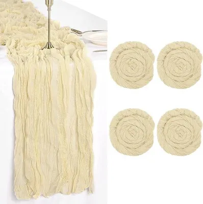 Produktbild von Famanu Tafelläufer 4 Stück, 90 x 300 cm, beige, romantisch halbtransparent, für Hochzeiten und Feste