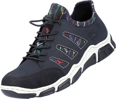 A single blue sneaker with colorful abstract patterns is shown against a white background.