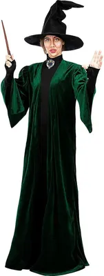 A person dressed as Minerva McGonagall from Harry Potter, holding a wand.